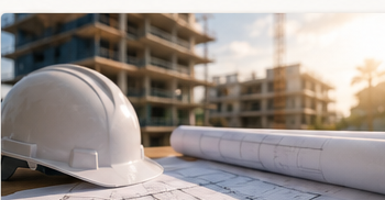 Plans d’architecte et casque de chantier